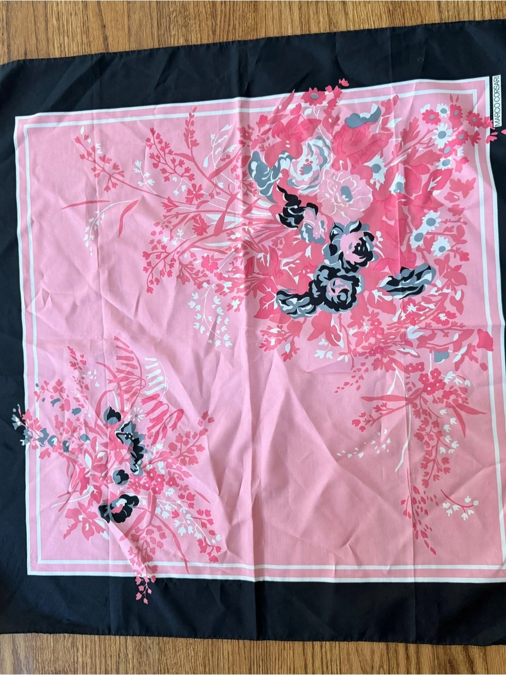 Marco Corsari Floral Pink Silk Scarf with Black Border